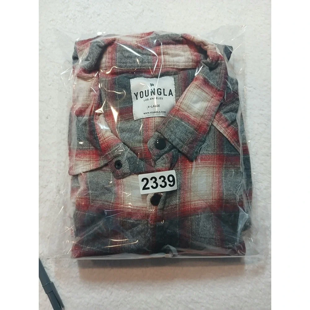 Young LA Men's XL Flannel Shirt Red Grey Plaid Distressed Raw Hem Snap Button